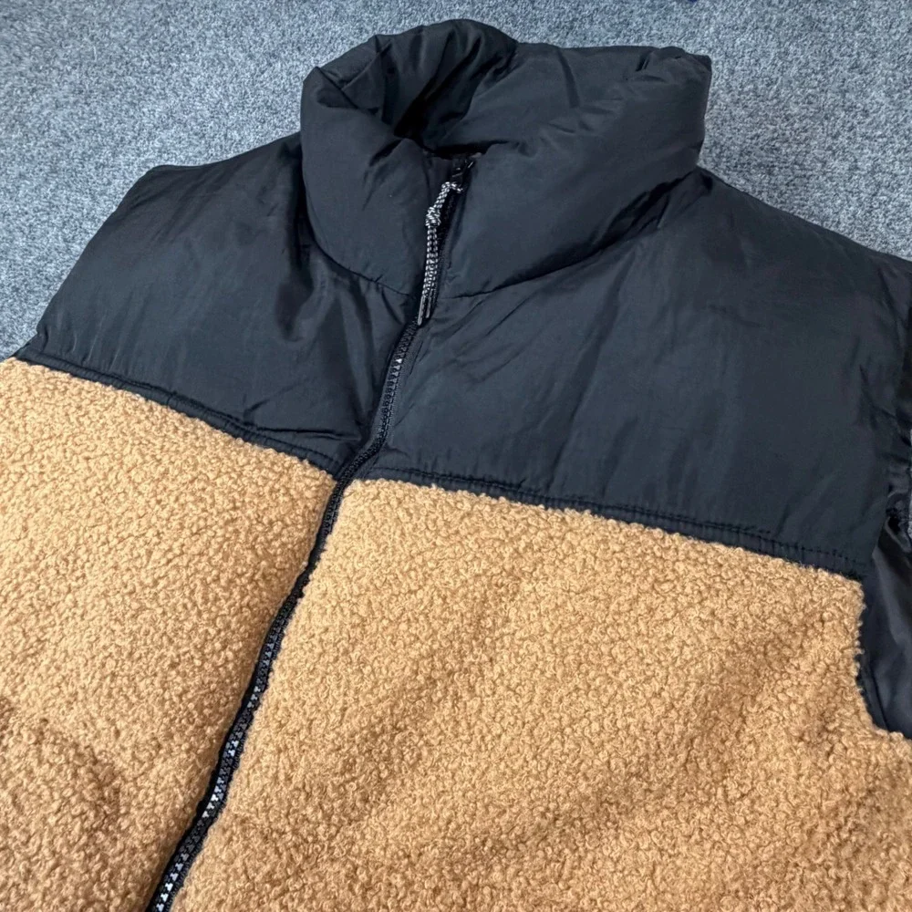 Wild Fable Women Sherpa Puffer Vest Colorblock Black Tan Full Zip Size Large NEW